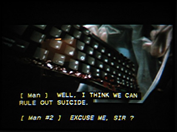 ‘Gattaca,’ correctly: [ Man ]:  WELL, I THINK WE CAN RULE OUT SUICIDE. ¶ [ Man #2 ]  EXCLUSE ME, SIR?
