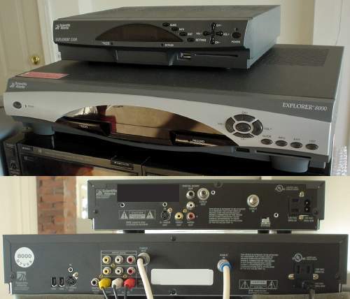 Front and back views of Explorer 3200 digital cable box and 8000 PVR