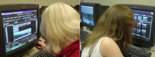 Two girls, seen from behind, edit and arrange photos using screen magnifiers