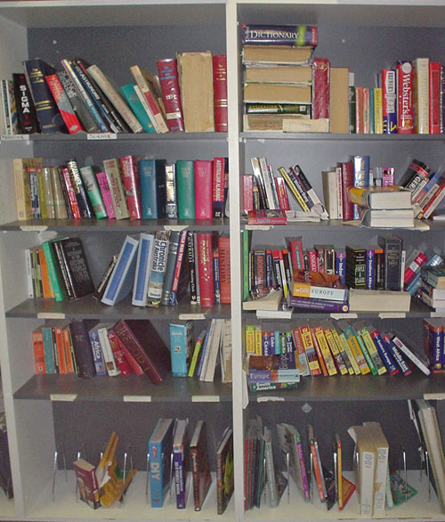 Jumbled side-by-side bookshelves are loosely packed with reference volumes