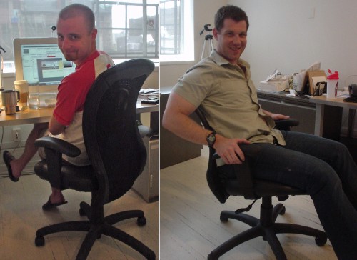 Geoff Teehan (in shorts and sandals) and Jon Lax (in clingy short-sleeved shirt)