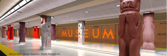 Illustration shows subway columns turned into carved animal figures and MUSEUM in huge mottled orange letters on the walls