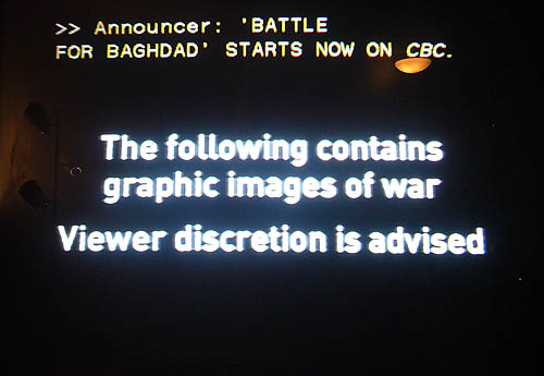 Title card with caption reading: >> Announcer: ’BATTLE FOR BAGHDAD’ STARTS NOW ON CBC