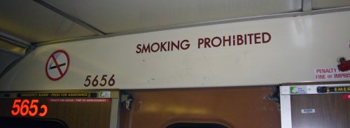 Sign on bulkhead below roof reads SMOKING PROHIBITED in Futura (with one I broken)