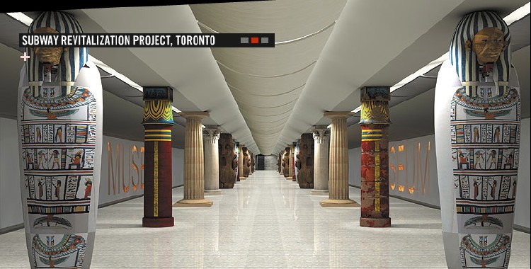 Subway station has remodelled roof and is lined with mummies and totem poles