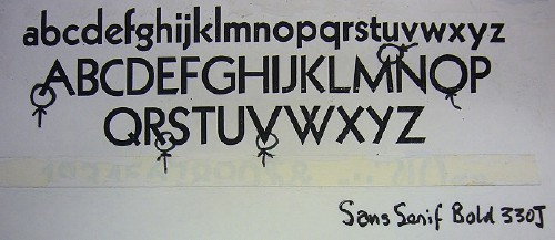 Type specimen of Kabel has handwritten markings and the handwritten legend Sans Serif Bold 330J