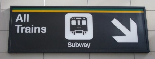 Sign has yellow and green lines across the top and reads All Trains, with icon and arrow