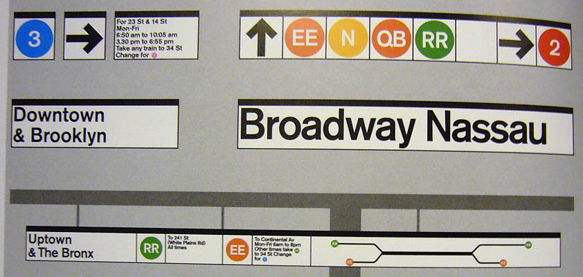 Mockups of New York subway signage, with line numbers and letters in coloured circles