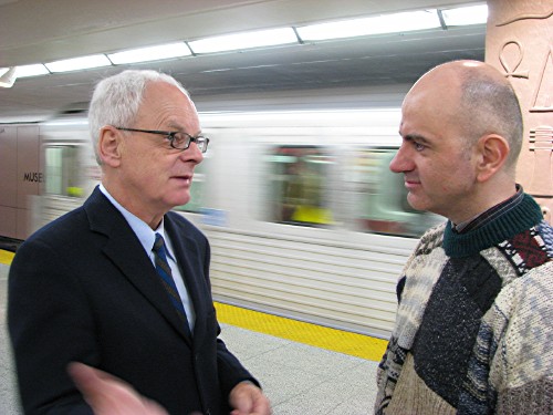 Bill Thorsell and me (as a blurred train passes by behind us)