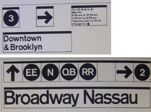 Sample of signage showing 3 in a black circle, arrows, Downtown & Brooklyn, Broadway Nassau