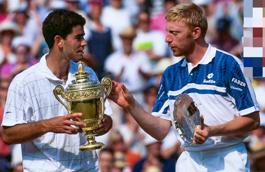 Strawberry-blond Boris Becker and jet-black-haired Pete Sampras, the latter holding trophy, the former a winner’s plate