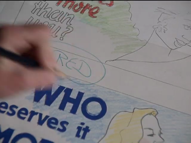 Paste-up of an ad mockup, with handwritten annotation RED circled