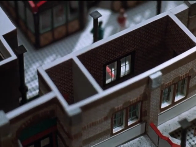 Overhead view of outer office in diorama