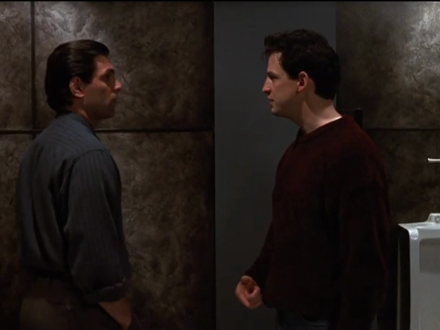 Michael and Peter in washroom, with green mottled tiling